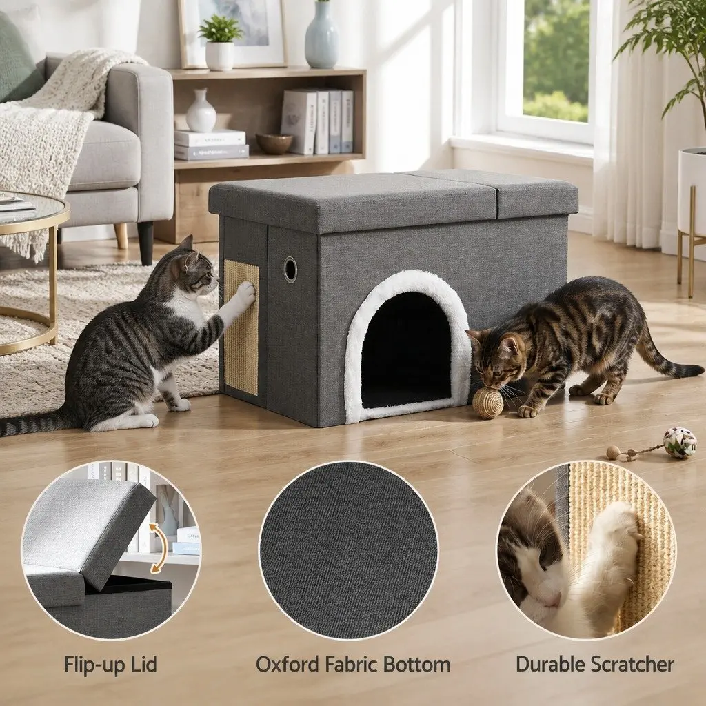 Storage Ottoman Cat Litter Box Enclosure Foldable Grey 64cm L x 40cm W x 40.5cm H