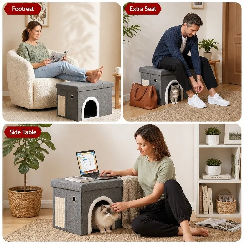 Storage Ottoman Cat Litter Box Enclosure Foldable Grey 64cm L x 40cm W x 40.5cm H