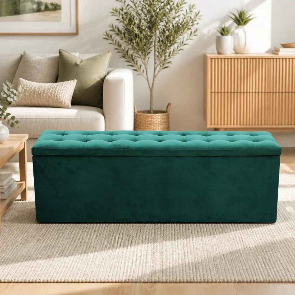 Green Velvet Storage Ottoman 140cm