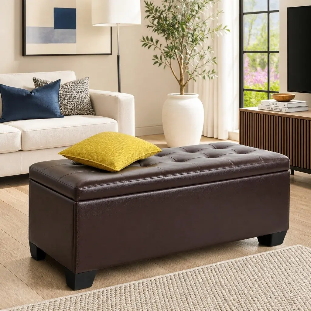Storage Ottoman Blanket Box 97cm Brown Lift-Up Lid Faux Leather Furniture