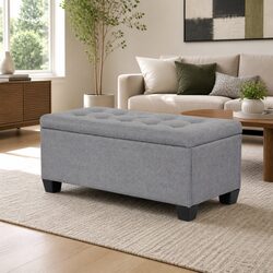 Storage Ottoman Blanket Box 97cm Grey Linen Lift-Up Lid Footrest Furniture