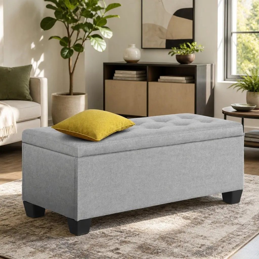 Storage Ottoman Lift-up Lid 97cm Light Grey Linen