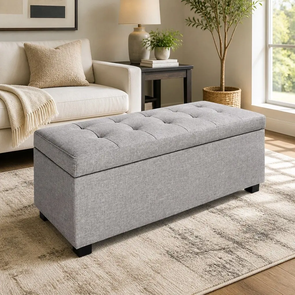 Storage Ottoman Lift-up Lid 97cm Light Grey Linen