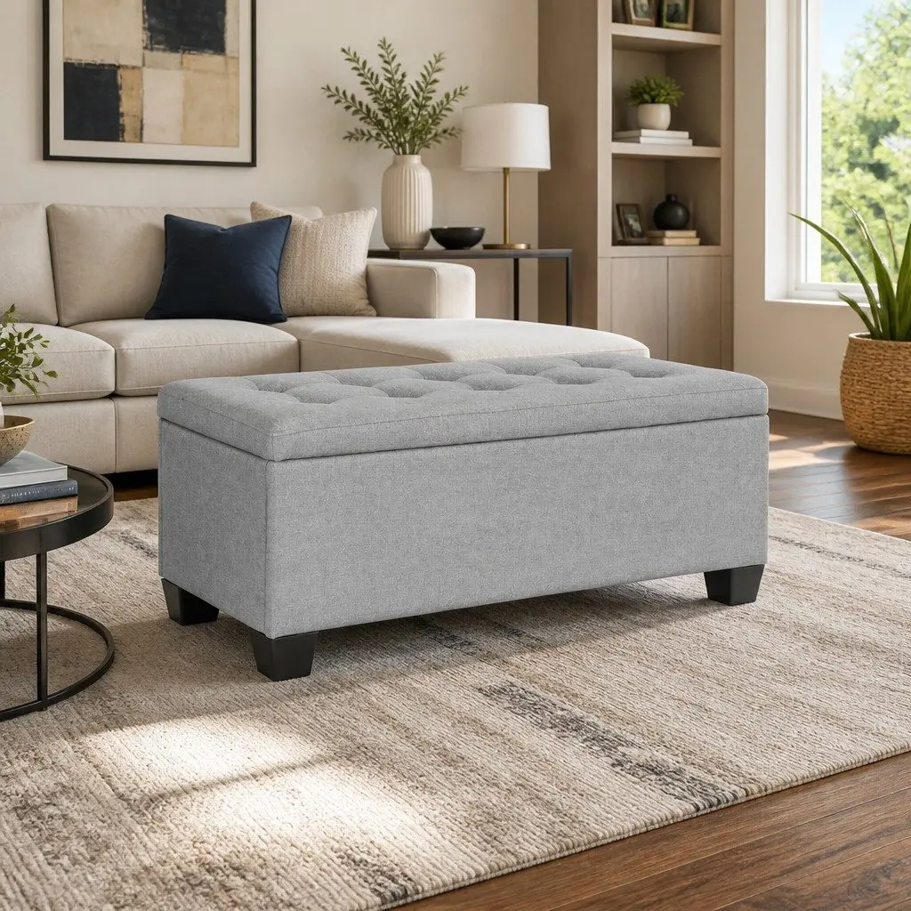 Storage Ottoman Lift-up Lid 97cm Light Grey Linen