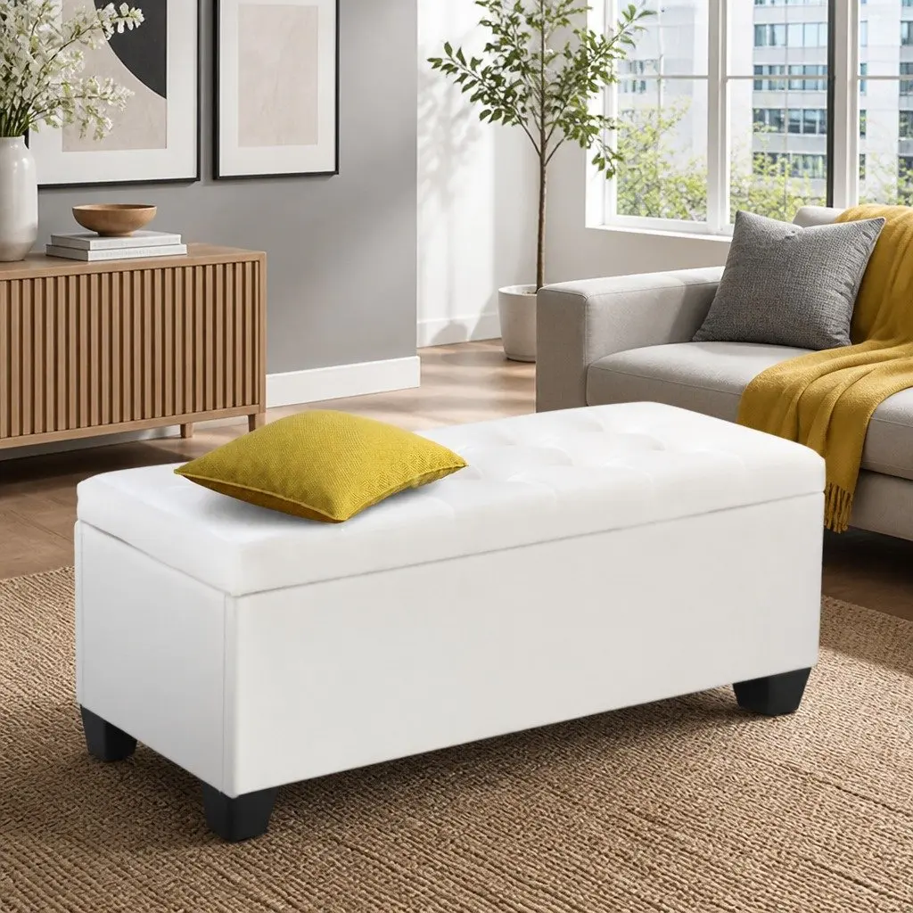 Ottoman Footstool White Faux Leather 97cm Lift-Up Storage with Cushion-Top and Solid Wooden Frame