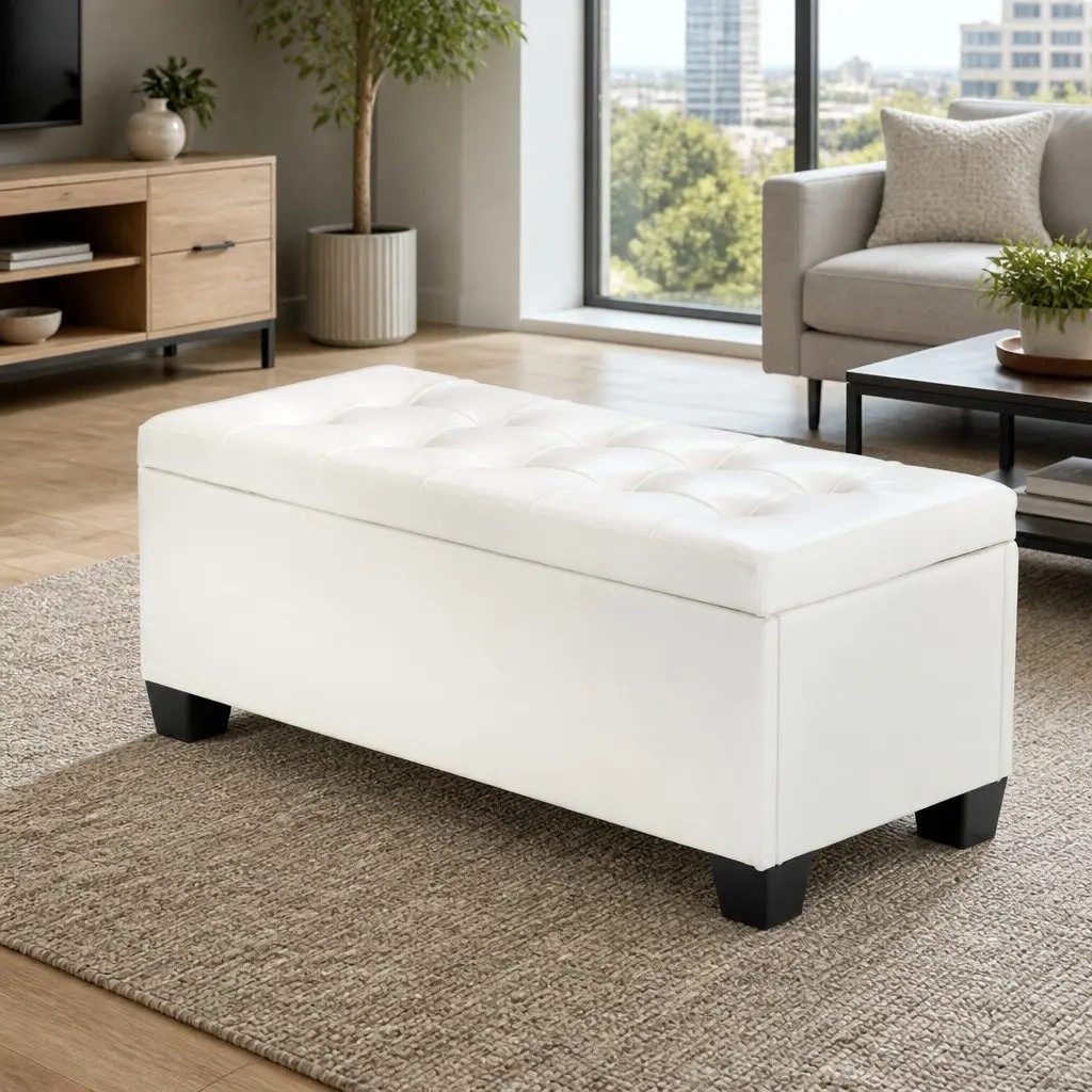 Storage Ottoman Blanket Box 97cm Lift-Up Lid White Faux Leather Footstool