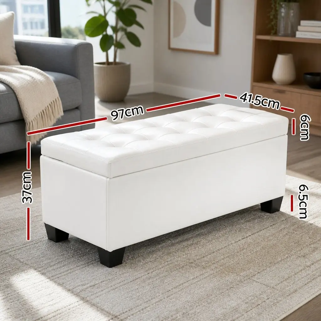 Storage Ottoman Blanket Box 97cm Lift-Up Lid White Faux Leather Footstool