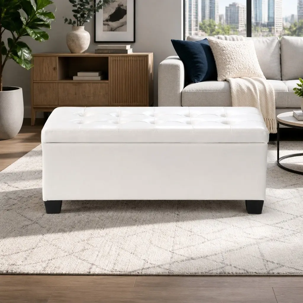 Storage Ottoman Blanket Box 97cm Lift-Up Lid White Faux Leather Footstool