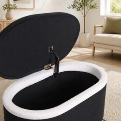 Storage Ottoman Blanket Box 87cm Oval Boucle Upholstered Hinged Lid Footstool