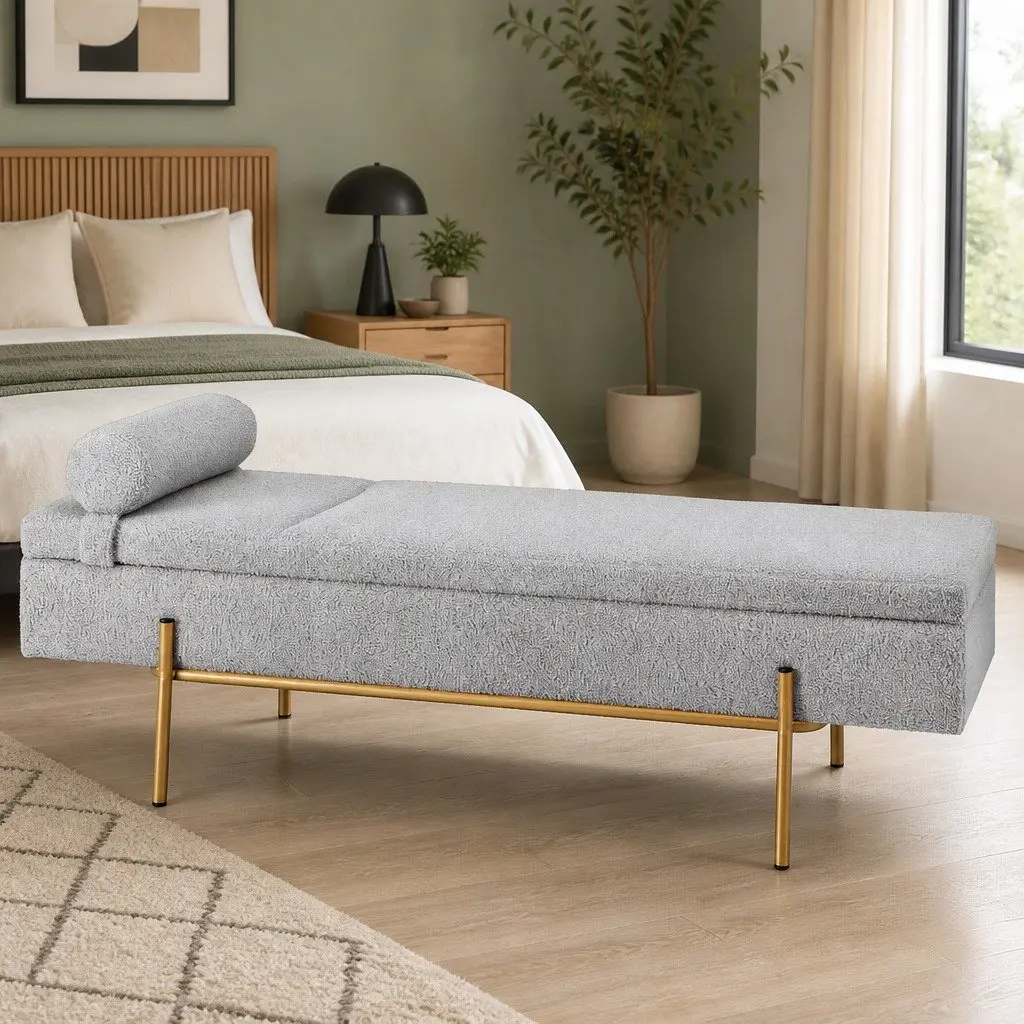 140cm Grey Storage Ottoman with Detachable Pillow
