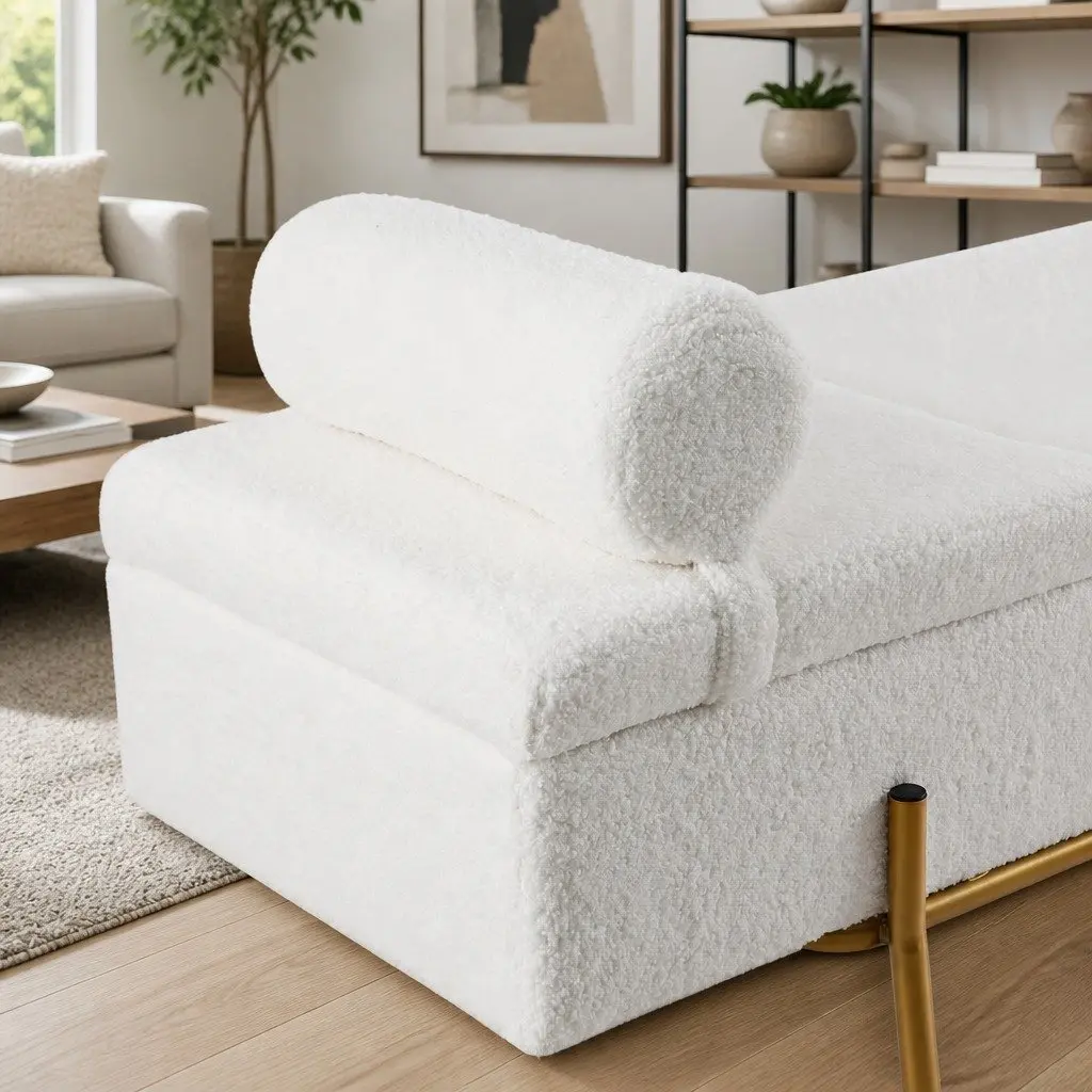 Storage Ottoman Bed 140cm White Boucle Fabric Pillow Hidden Compartment
