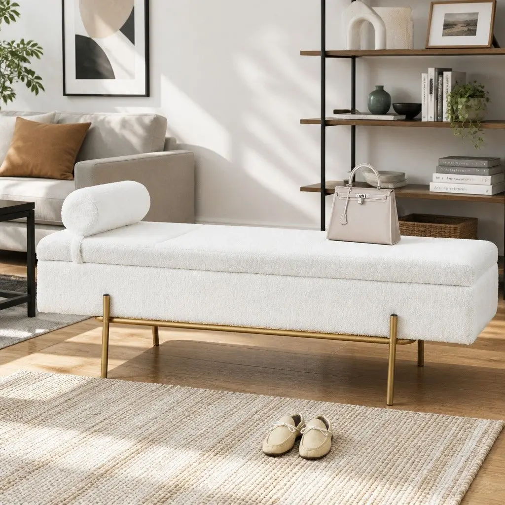Storage Ottoman Bed 140cm White Boucle Fabric Pillow Hidden Compartment