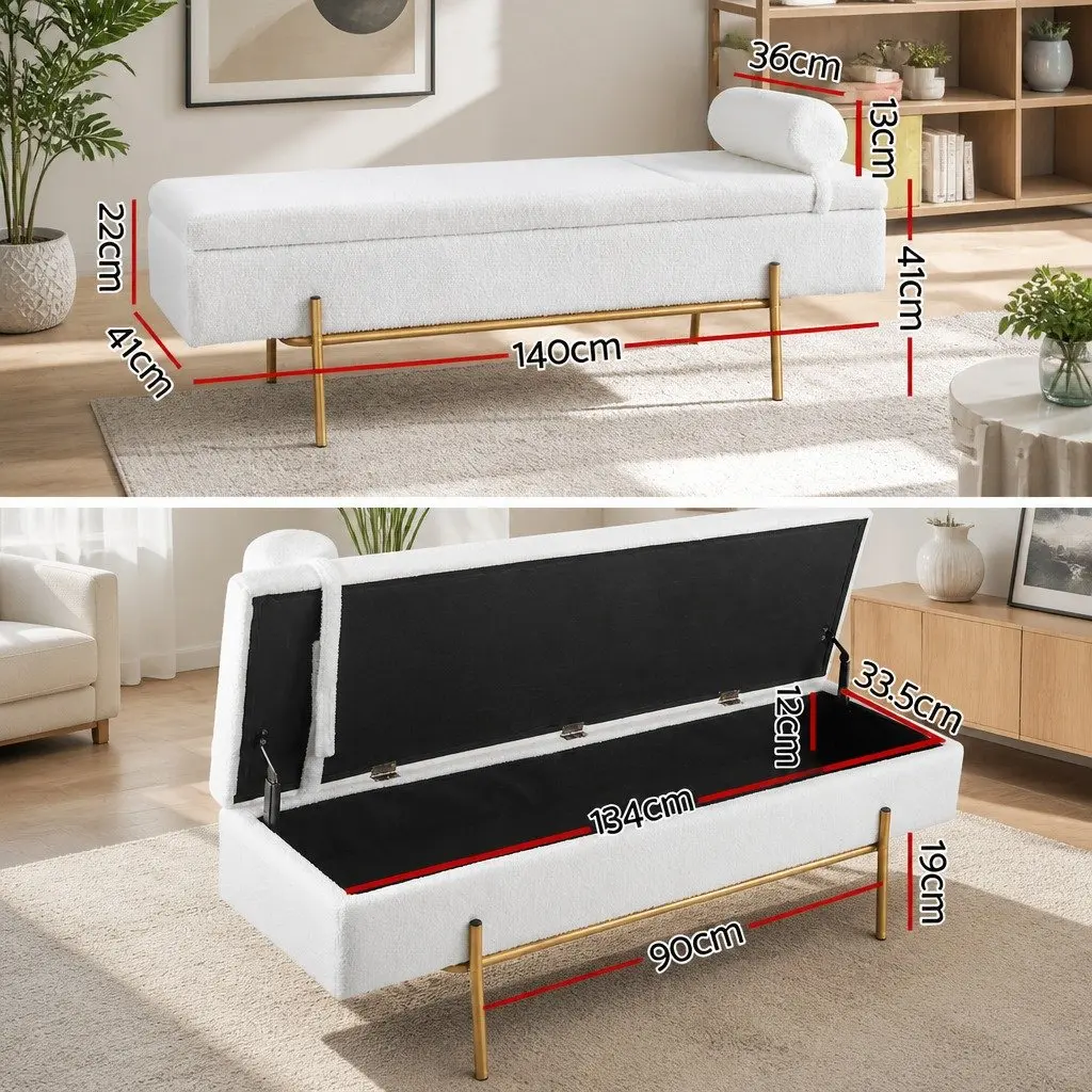 Storage Ottoman Bed 140cm White Boucle Fabric Pillow Hidden Compartment