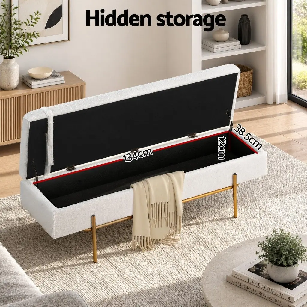 Storage Ottoman Bed 140cm White Boucle Fabric Pillow Hidden Compartment