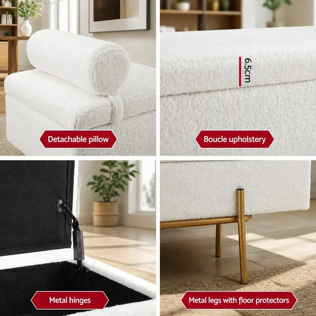 Storage Ottoman Bed 140cm White Boucle Fabric Pillow Hidden Compartment