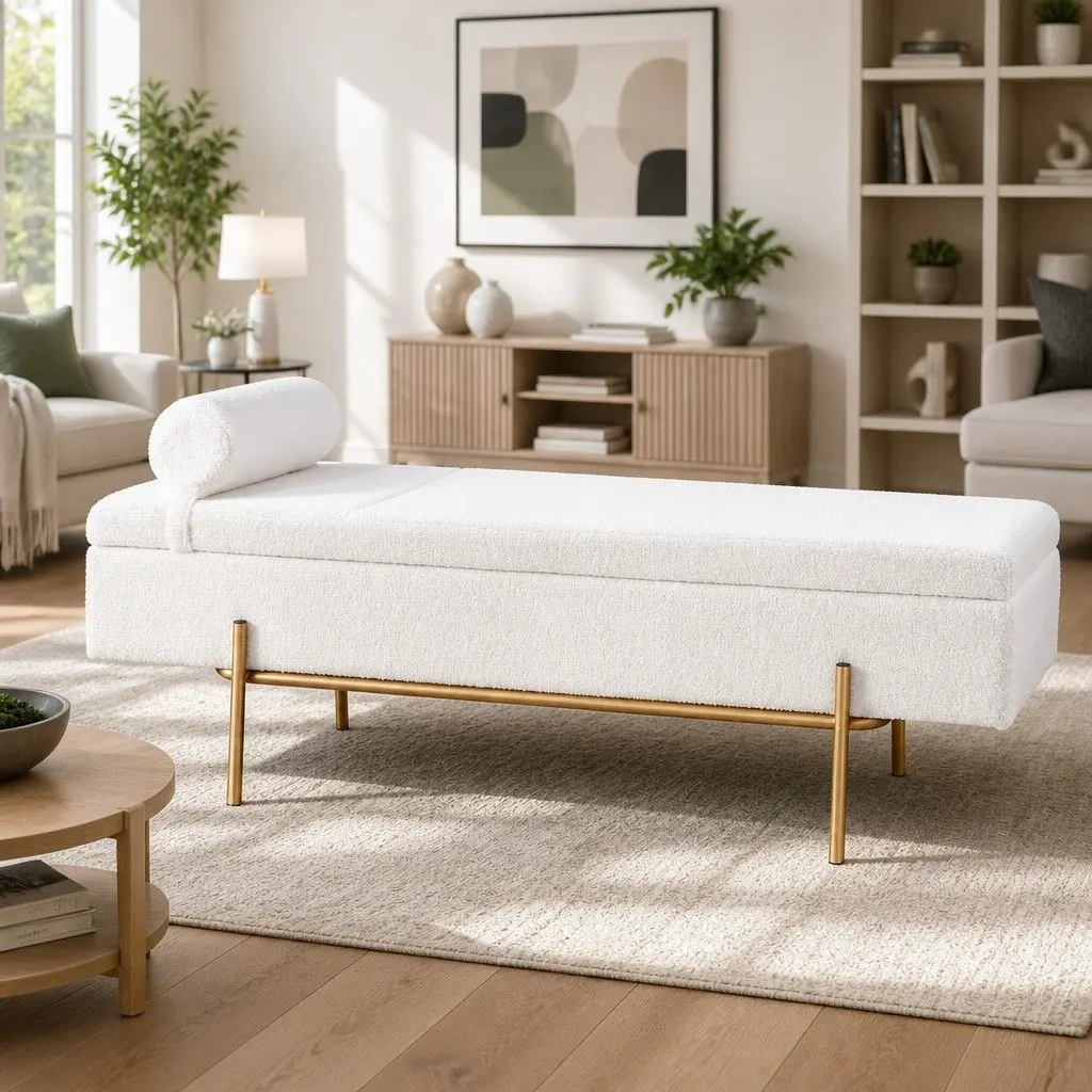 Storage Ottoman Bed 140cm White Boucle Fabric Pillow Hidden Compartment