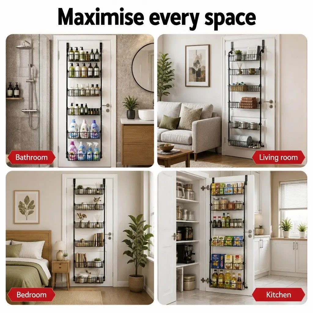 Over Door Storage Organiser 6-Tier Metal Hook Hanger Pantry Wall Rack Black