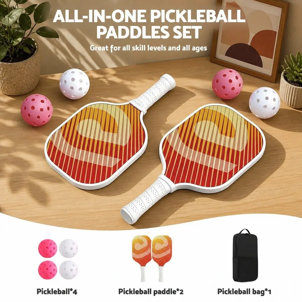 Pickleball Paddle Set Honeycomb Core Fibreglass 2 Paddles 4 Balls with Bag