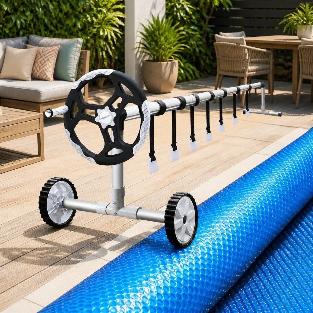 Solar Pool Cover 11x4.8m Blue 500 Micron with Adjustable Aluminium Roller System