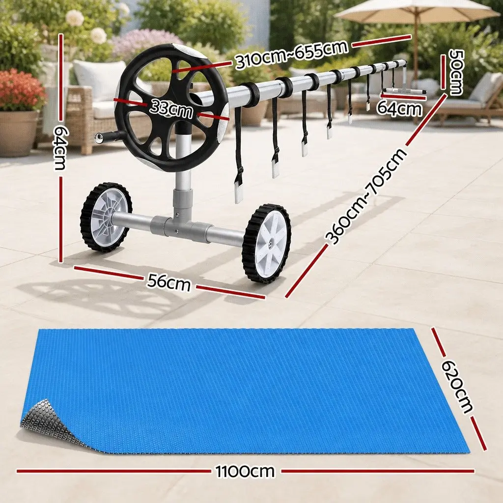 Pool Cover 11m x 6.2m Solar Blanket 600 Micron with Aluminium Roller 6.55m