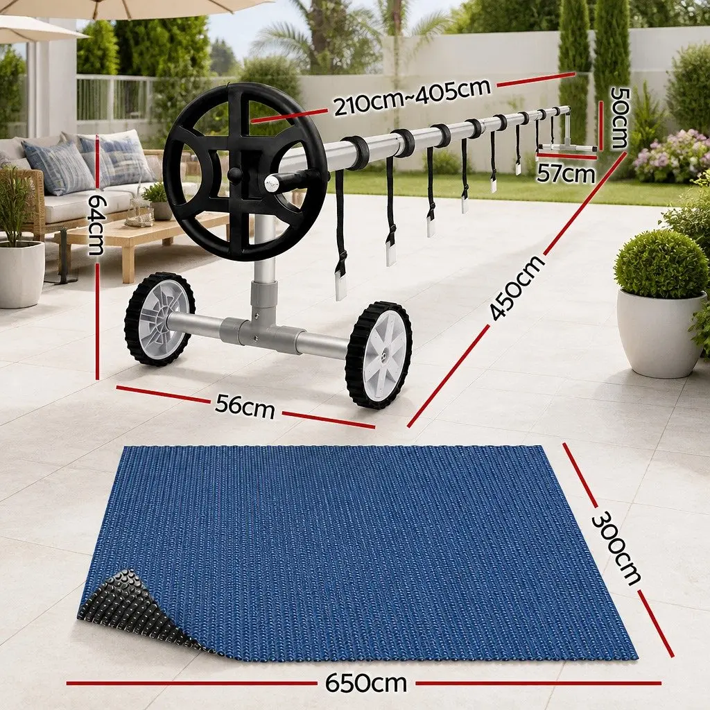 Solar Pool Cover 600 Micron 6.5m x 3m with Aluminium Roller Crank Wheel Black