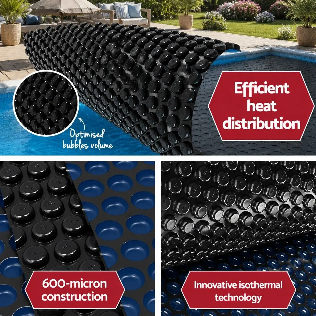 Solar Pool Cover 600 Micron 6.5m x 3m with Aluminium Roller Crank Wheel Black
