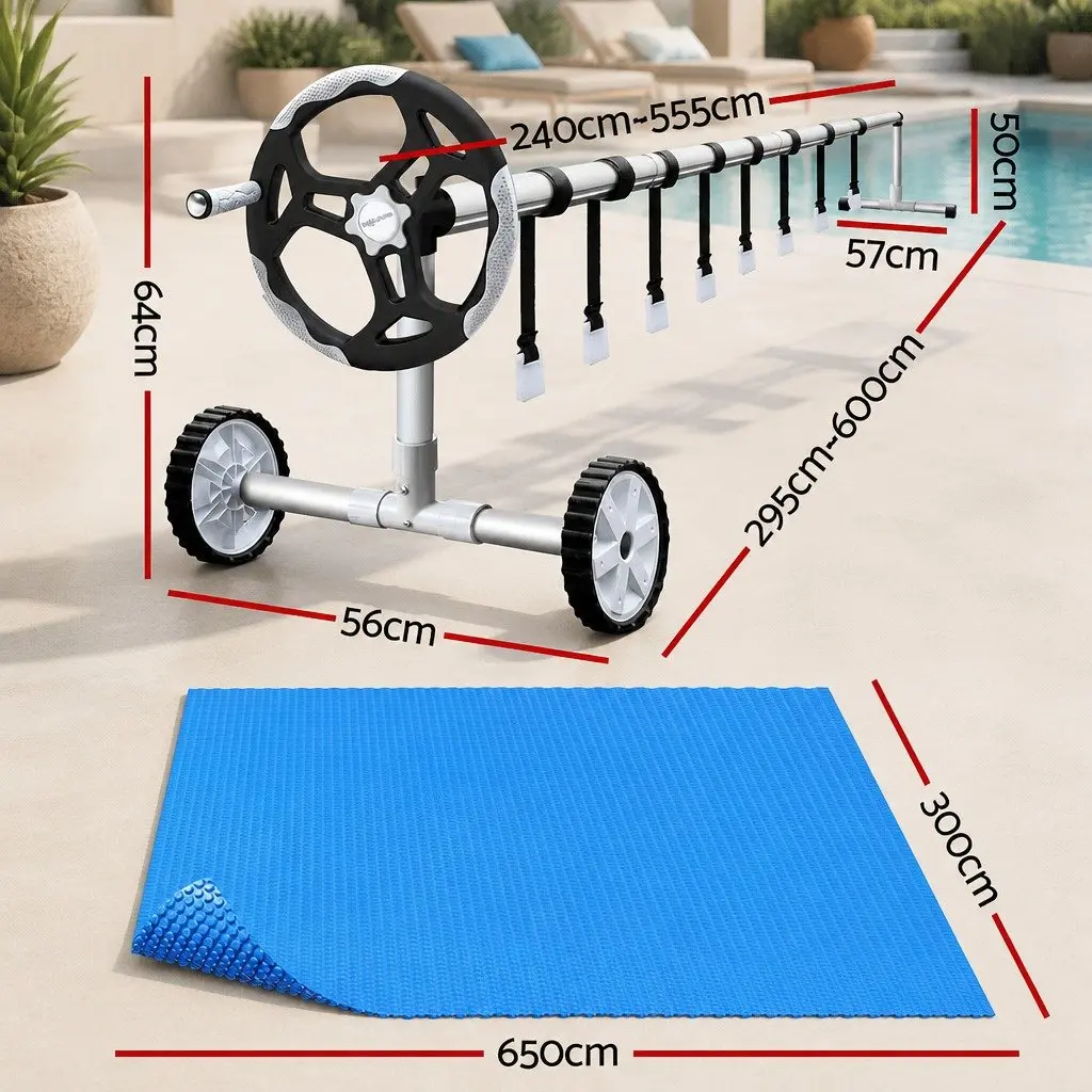 Solar Pool Cover 600 Micron 6.5x3m with Aluminium Roller 5.55m Wide Blue Bubble