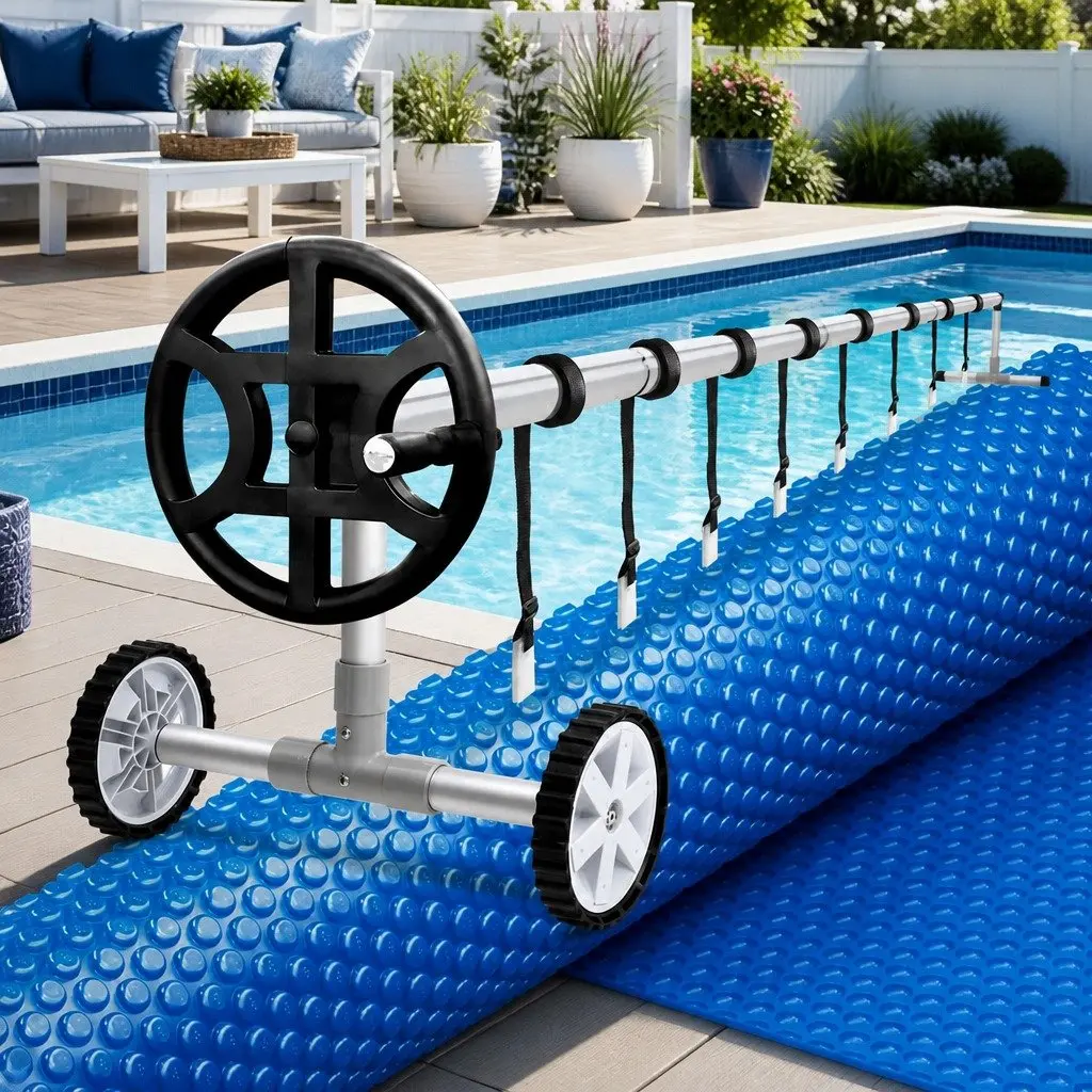 Pool Cover Solar Blanket 7x4m 600 Micron with Aluminium Roller Crank Wheel
