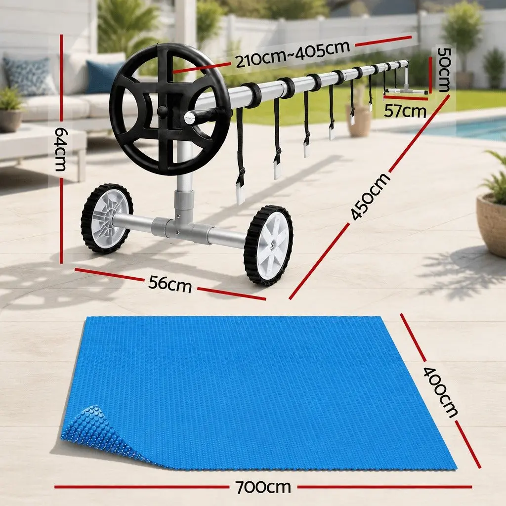 Pool Cover Solar Blanket 7x4m 600 Micron with Aluminium Roller Crank Wheel