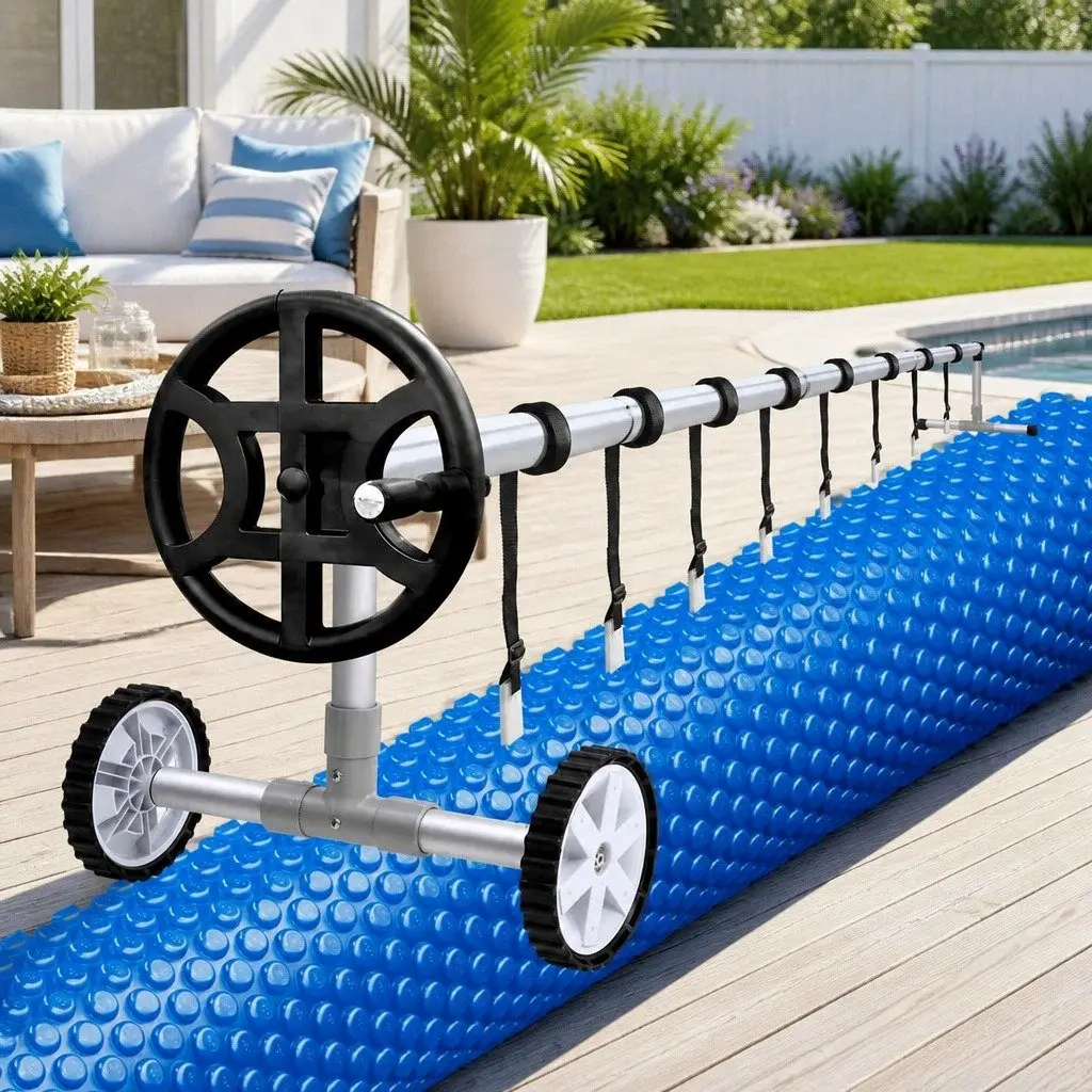 Pool Cover Solar Blanket 7x4m 600 Micron with Aluminium Roller Crank Wheel