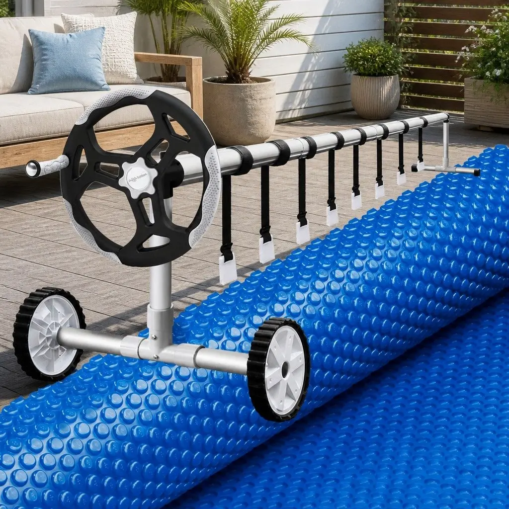 Solar Pool Cover 7x4m 600 Micron with Aluminium Roller 5.55m Adjustable Swimming