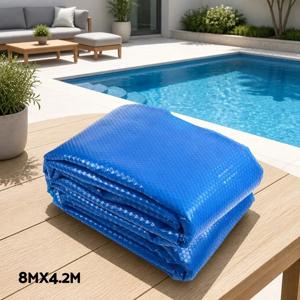 Pool Cover Solar Blanket Blue 8x4.2m 400 Micron Adjustable Aluminium Roller