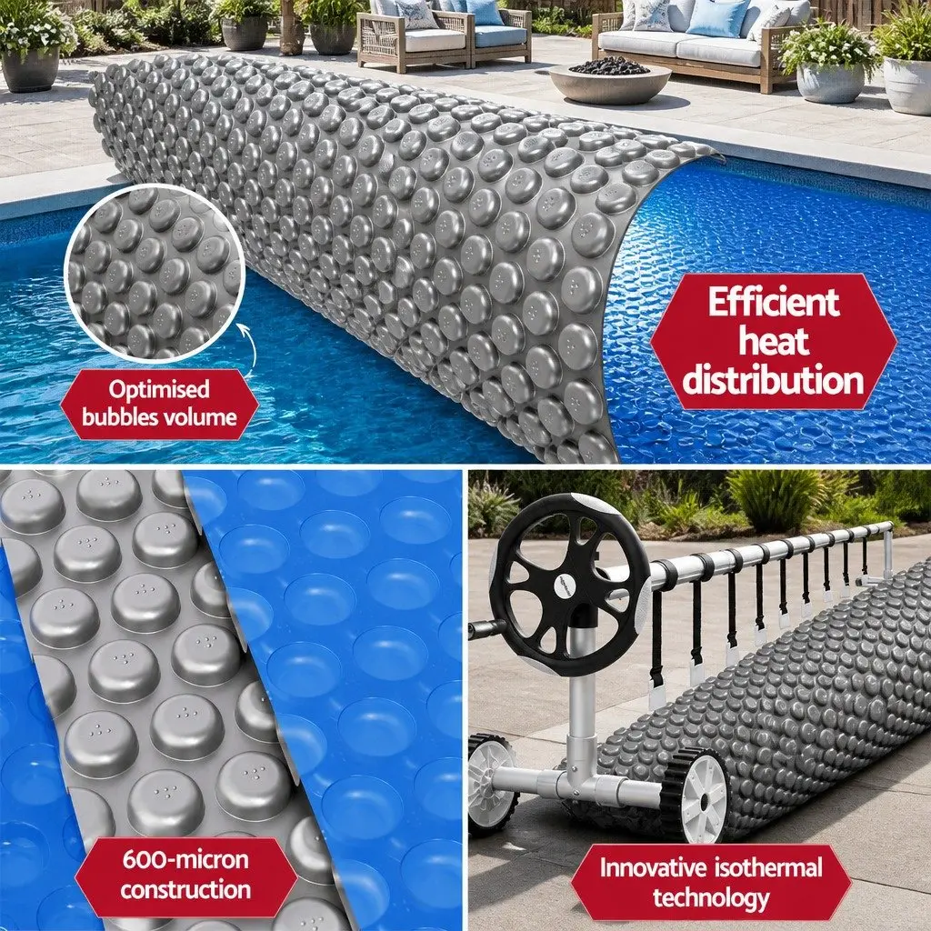 Solar Pool Cover 8x4.2m 600 Micron Heat Blanket with Aluminium Roller 5.55m