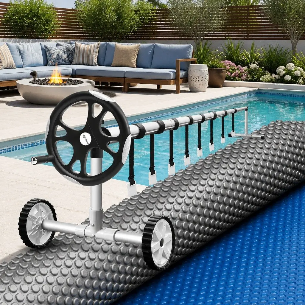Solar Pool Cover 8x4.2m 600 Micron Heat Blanket with Aluminium Roller 5.55m