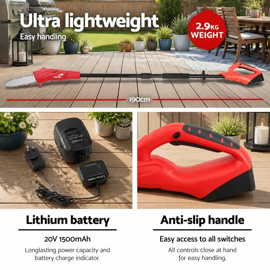 Cordless Pole Chainsaw and Hedge Trimmer 2in1 8 Inch 20V Battery 2.7m Reach