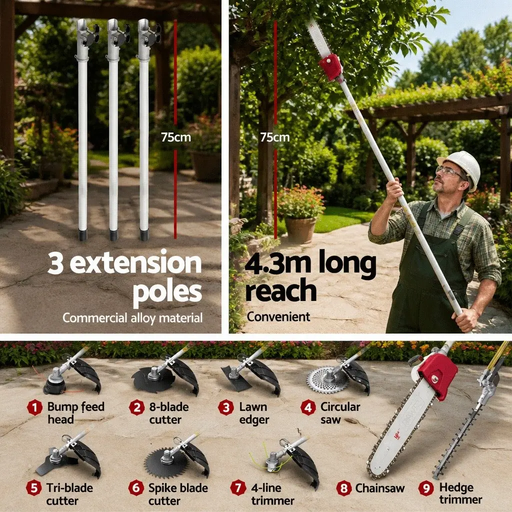 4 Stroke Pole Chainsaw Petrol Hedge Trimmer 9 in 1 Multi Tool Tree Pruner 12