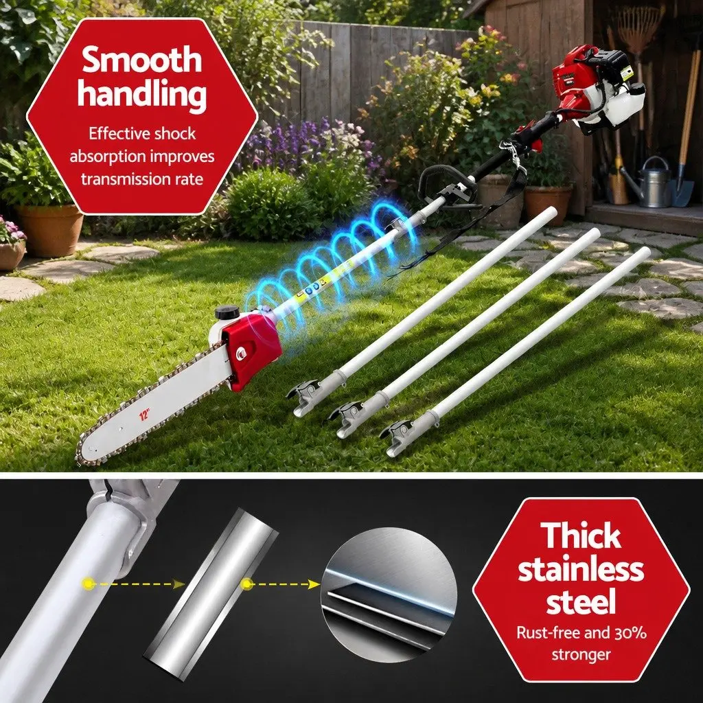 52cc Pole Chainsaw 2 Stroke Petrol Tree Pruner 12 Inch Bar 7 In 1 Garden Tool