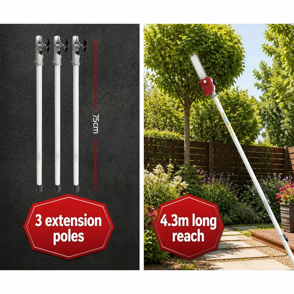 Pole Chainsaw 52cc Petrol 12 Inch Bar 2 in 1 Hedge Trimmer with 3 Extension Poles