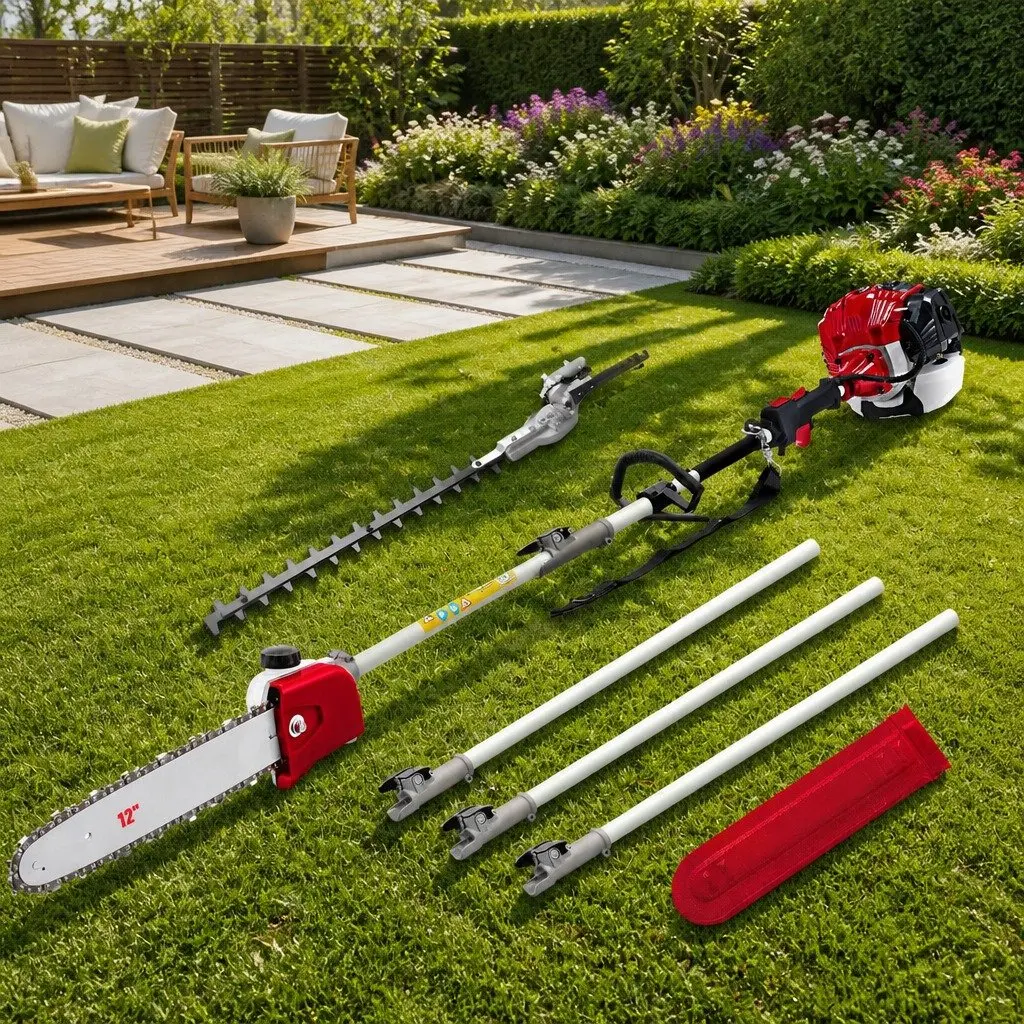 Pole Chainsaw 52cc Petrol 12 Inch Bar 2 in 1 Hedge Trimmer with 3 Extension Poles