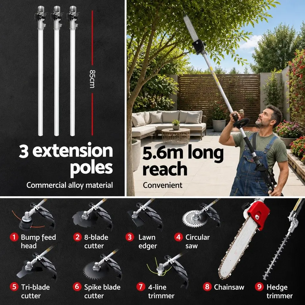 Pole Chainsaw 9 in 1 Multi Tool with 65cc Engine and 5.6 Metre Reach
