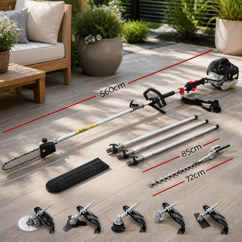 65CC Petrol Pole Chainsaw 7-in-1 Multi-Tool with Hedge Trimmer Brush Cutter Whipper Snipper and Three Extension Poles