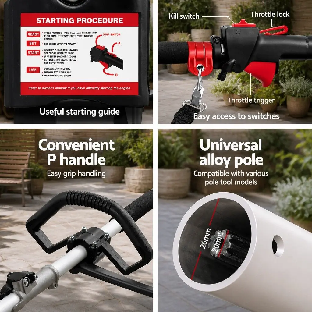 65CC Petrol Pole Chainsaw 7-in-1 Multi-Tool with Hedge Trimmer Brush Cutter Whipper Snipper and Three Extension Poles