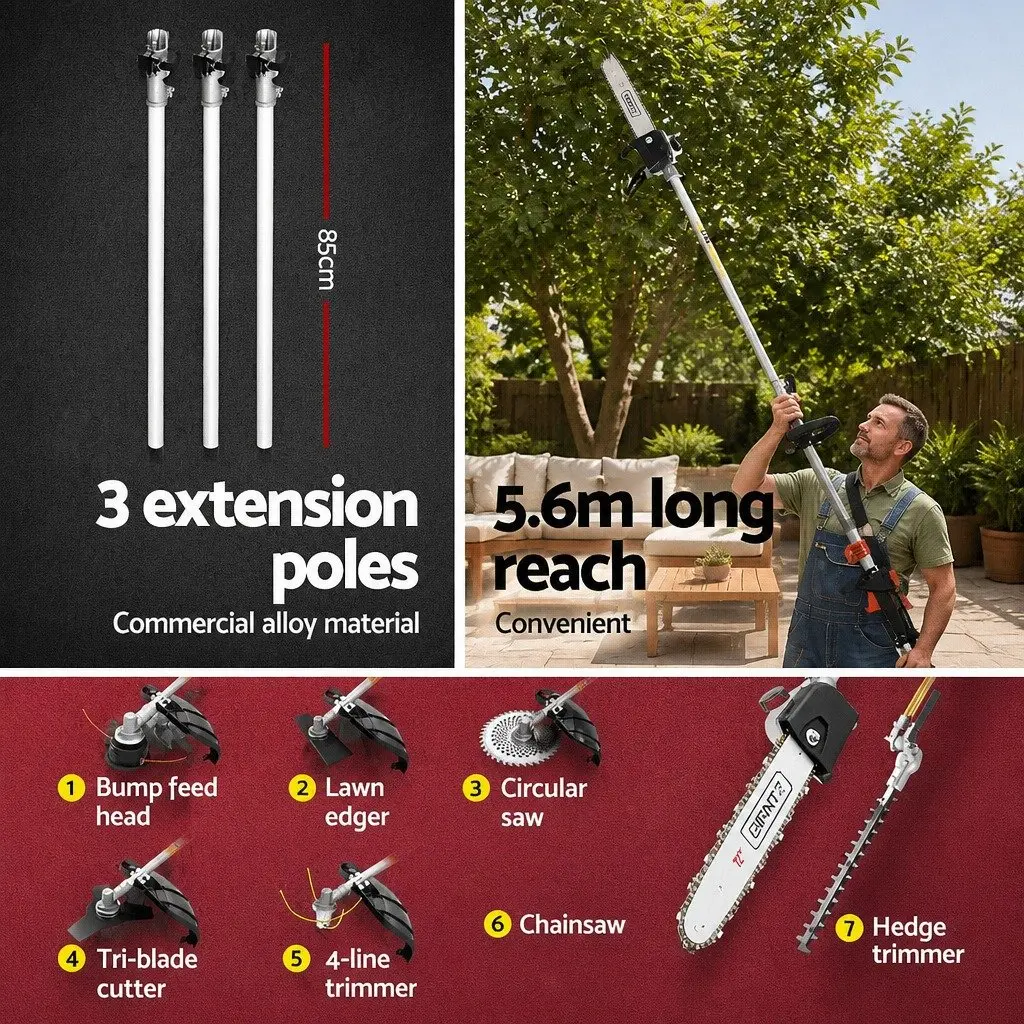 65CC Petrol Pole Chainsaw 7-in-1 Multi-Tool with Hedge Trimmer Brush Cutter Whipper Snipper and Three Extension Poles
