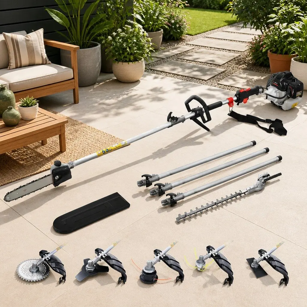 65CC Petrol Pole Chainsaw 7-in-1 Multi-Tool with Hedge Trimmer Brush Cutter Whipper Snipper and Three Extension Poles