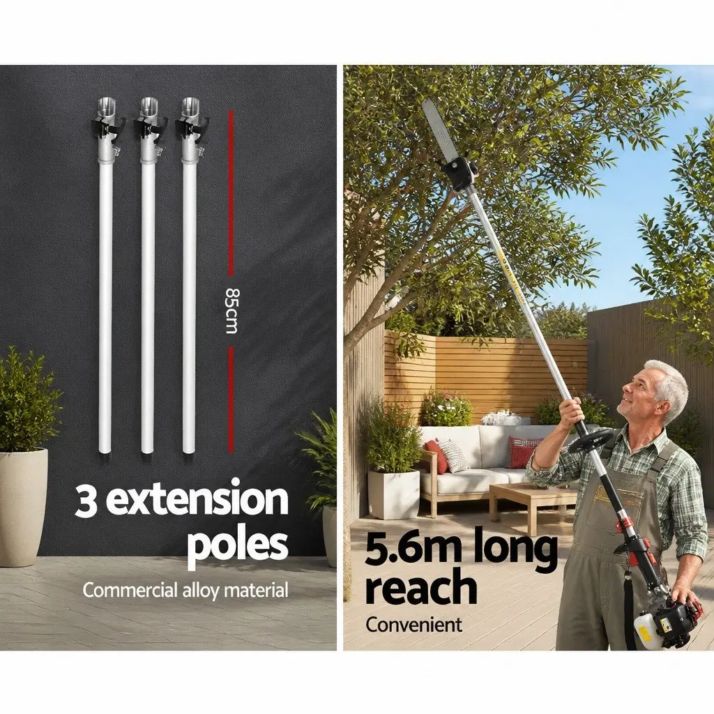 65cc Petrol Pole Chainsaw Hedge Trimmer 2-in-1 Tool with Extension Poles