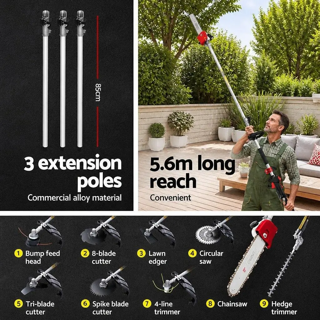 65CC Pole Chainsaw Hedge Trimmer Brush Cutter Whipper Snipper 9-in-1 Multi Tool