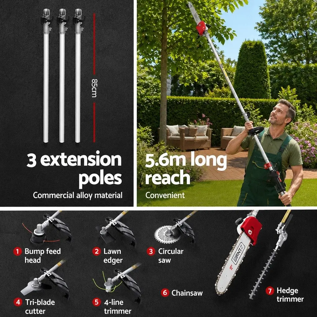65CC Pole Chainsaw 7-in-1 Multi-Tool with Extension Poles 5.6 Metres for Comprehensive Garden Maintenance