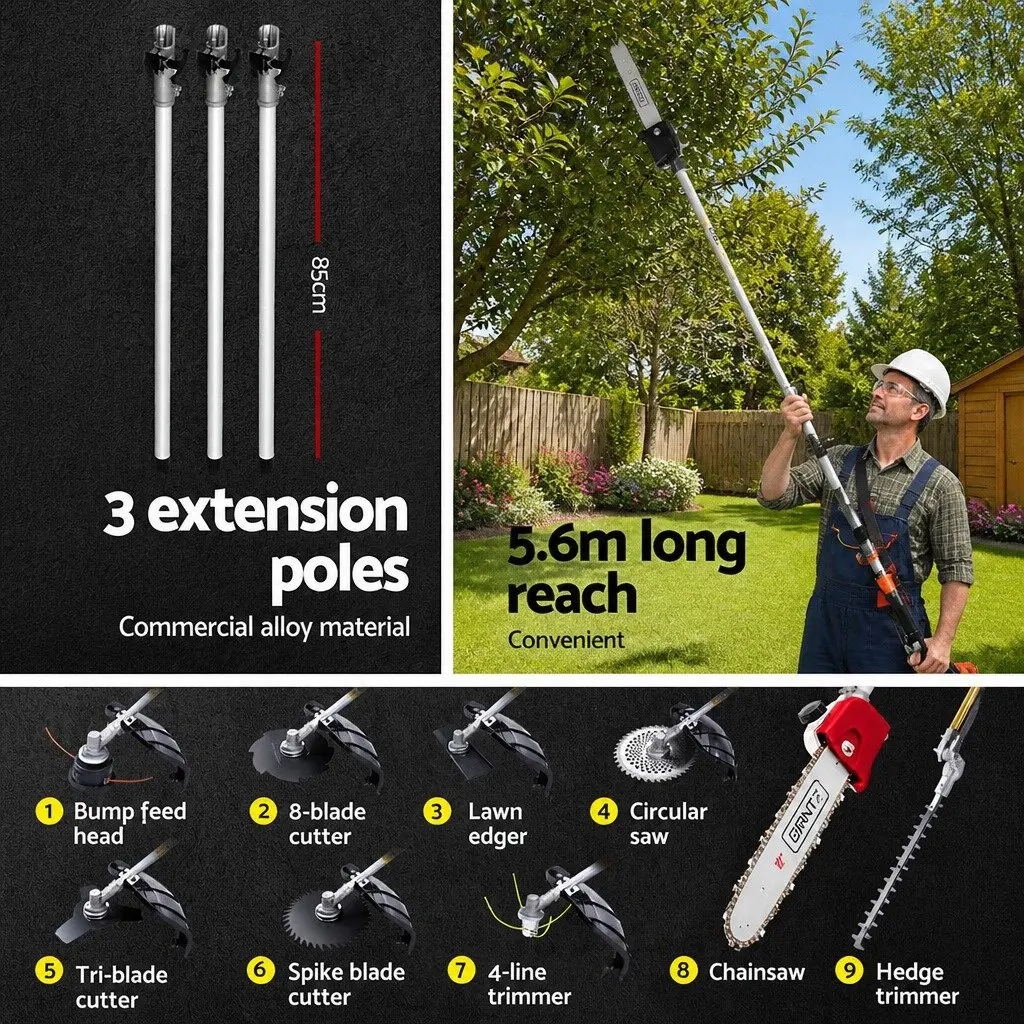 62CC Pole Chainsaw 9-in-1 Garden Tool Adjustable Reach 5.6m