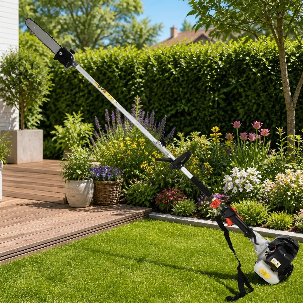 62cc Pole Chainsaw Multi-Tool System 7-in-1 with 5.6m Reach and Three Extension Poles for Garden Tasks