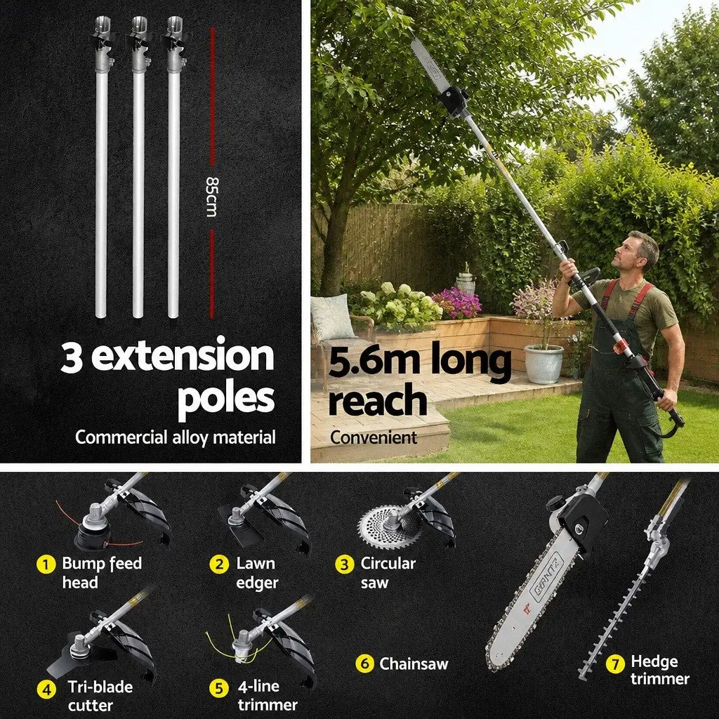 62cc Pole Chainsaw Multi-Tool System 7-in-1 with 5.6m Reach and Three Extension Poles for Garden Tasks